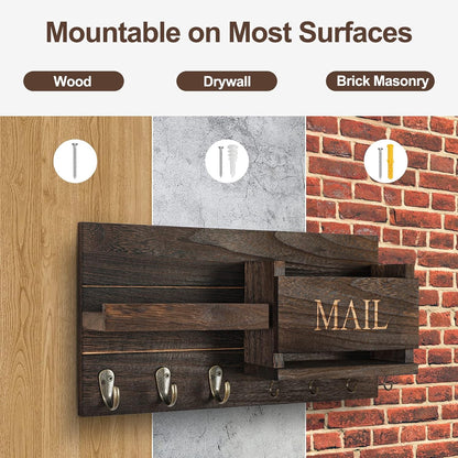 🏡 Rustic Wall-Mounted Mail & Key Organizer | Wooden Entryway Shelf with Hooks for Keys, Bags & Everyday Essentials ✨