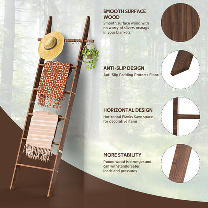 🪵 Rustic 6-Tier Wooden Blanket Ladder with 5 Removable Hooks | Farmhouse Towel, Quilt & Throw Display Rack 🌿🏡