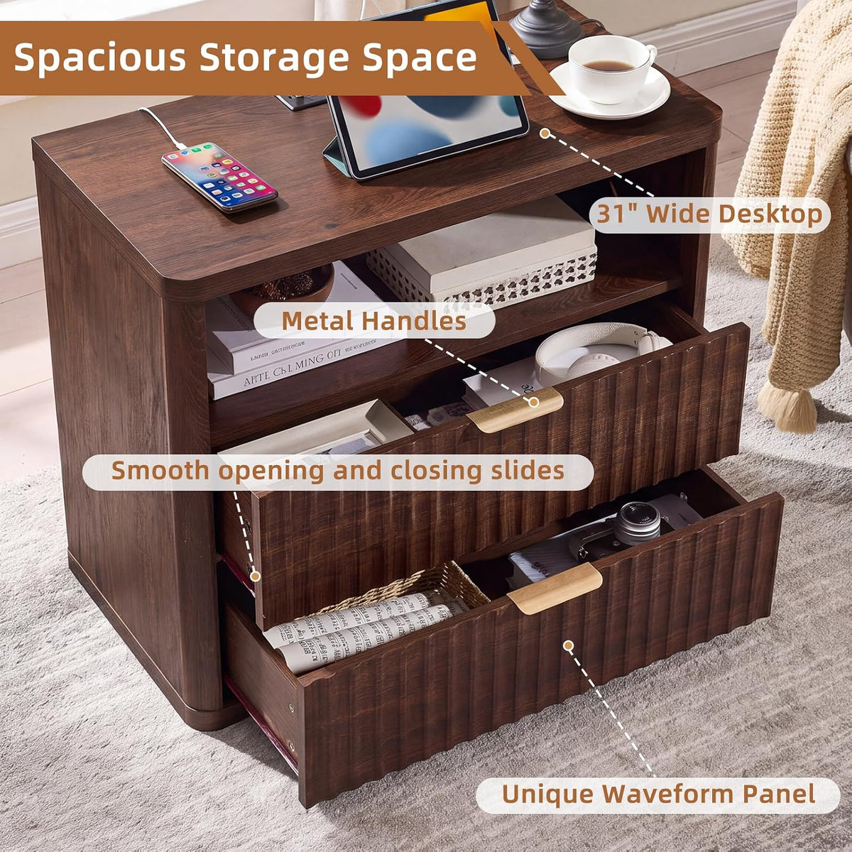 ✨ Oversized Fluted Nightstand with Charging Station | 2-Drawer Bedside Table with USB & Power Outlets 🛏️🌿