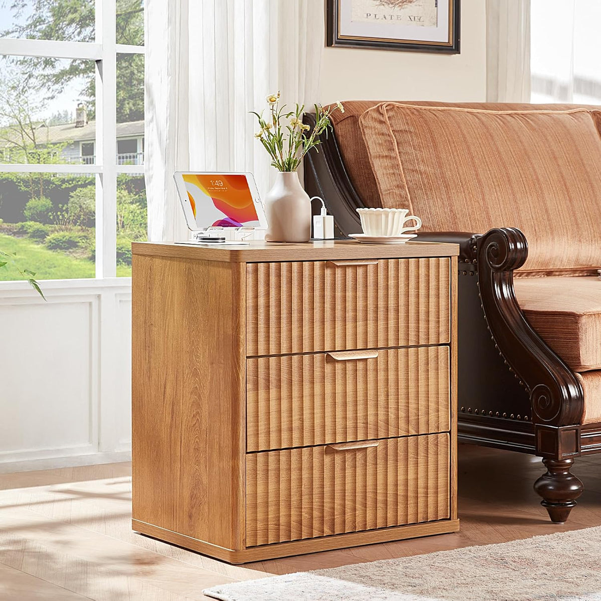 ✨ Fluted 2-Drawer Nightstand with Charging Station | Modern Bedside Table with Open Storage Shelf 🛏️🌿