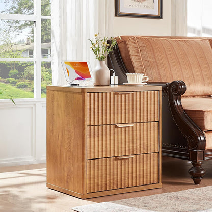 ✨ Fluted 2-Drawer Nightstand with Charging Station | Modern Bedside Table with Open Storage Shelf 🛏️🌿