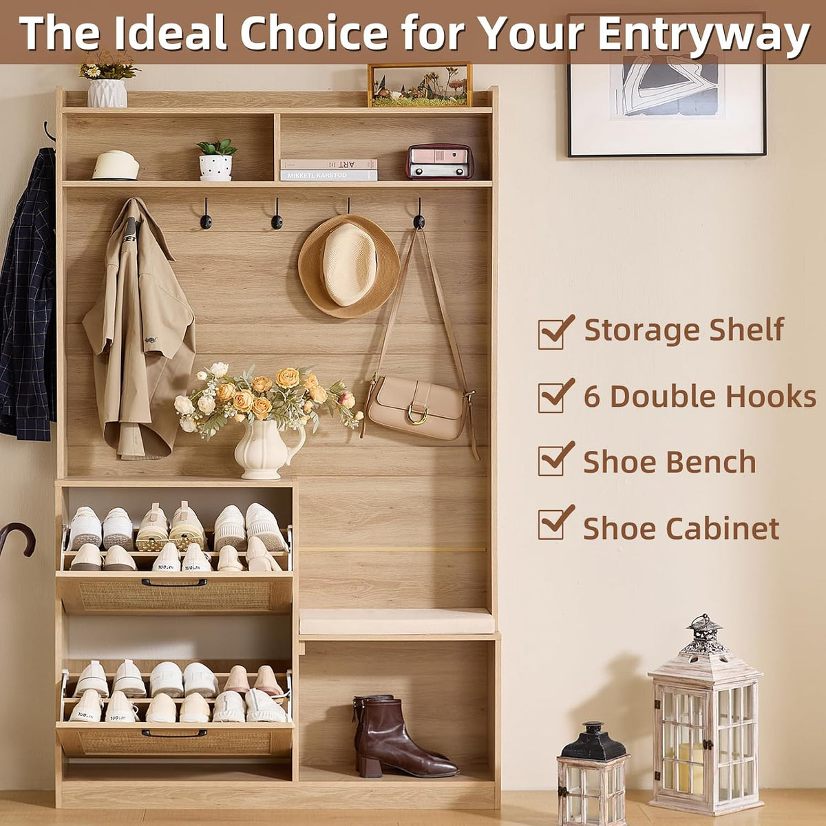 🌿 Boho Entryway Hall Tree with Cushioned Bench | 4-in-1 Coat Rack, Shoe Storage & Rattan Cabinets 🏡✨