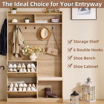 🌿 Boho Entryway Hall Tree with Cushioned Bench | 4-in-1 Coat Rack, Shoe Storage & Rattan Cabinets 🏡✨