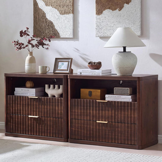 ✨ Oversized Fluted Nightstand with Charging Station | 2-Drawer Bedside Table with USB & Power Outlets 🛏️🌿