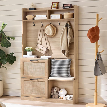 🌿 Boho Entryway Hall Tree with Cushioned Bench | 4-in-1 Coat Rack, Shoe Storage & Rattan Cabinets 🏡✨