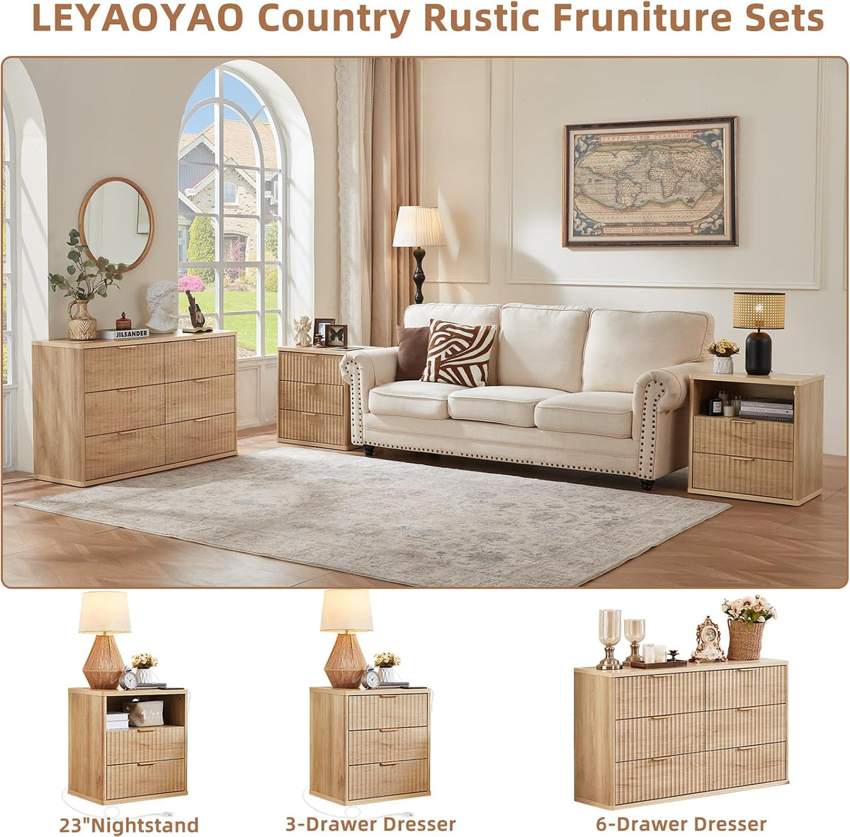 ✨ Fluted 3-Piece Bedroom Furniture Set | 6-Drawer Dresser & Two 3-Drawer Nightstands 🛏️🌿
