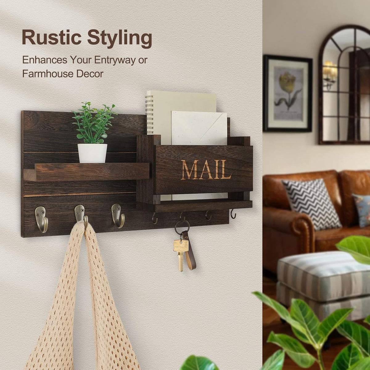 🏡 Rustic Wall-Mounted Mail & Key Organizer | Wooden Entryway Shelf with Hooks for Keys, Bags & Everyday Essentials ✨