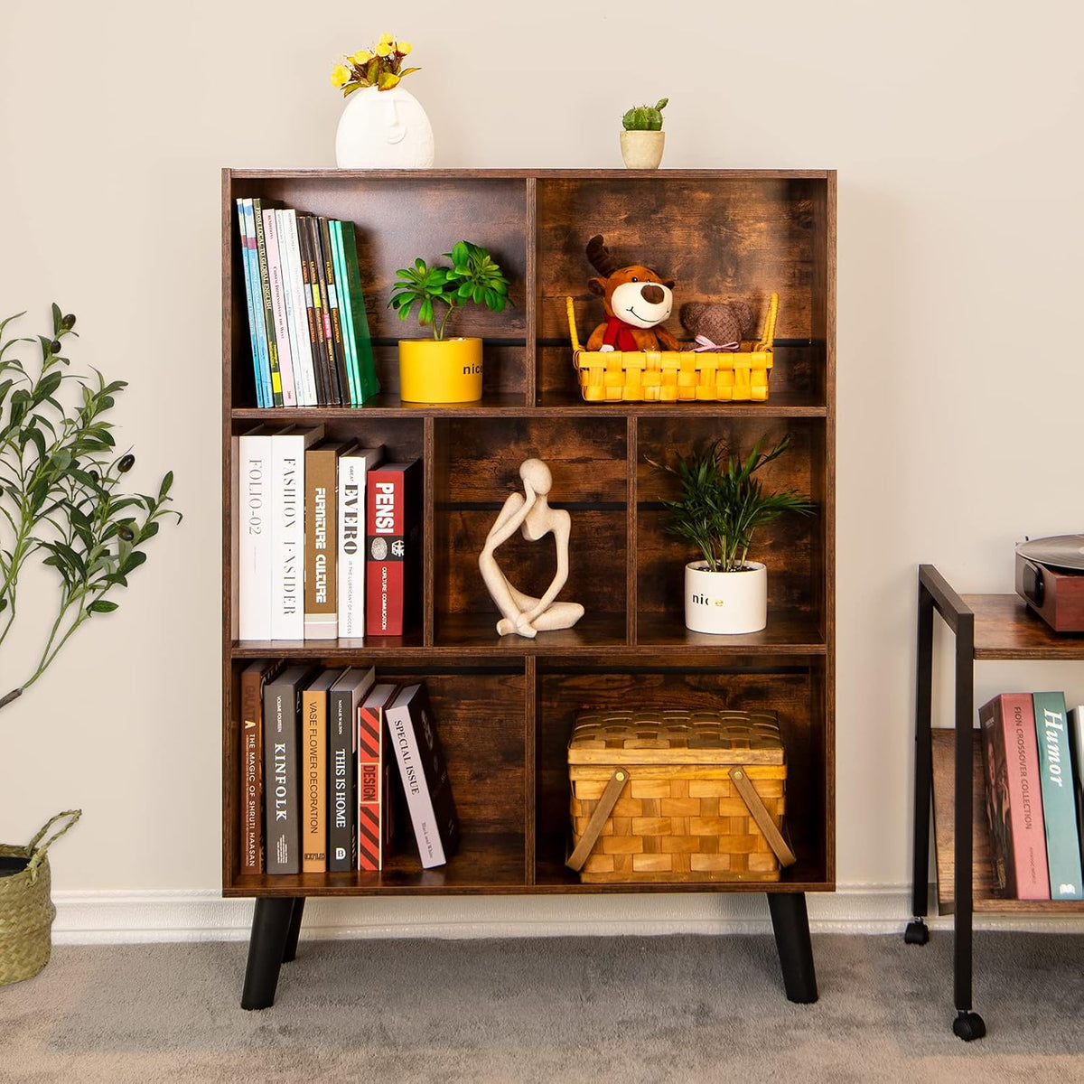 📚 Mid-Century 7-Cube Bookshelf | Rustic Brown Open Storage & Display Bookcase with Legs 🌿🏡