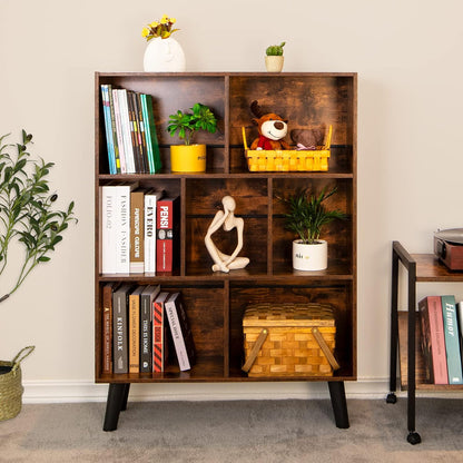 📚 Mid-Century 7-Cube Bookshelf | Rustic Brown Open Storage & Display Bookcase with Legs 🌿🏡
