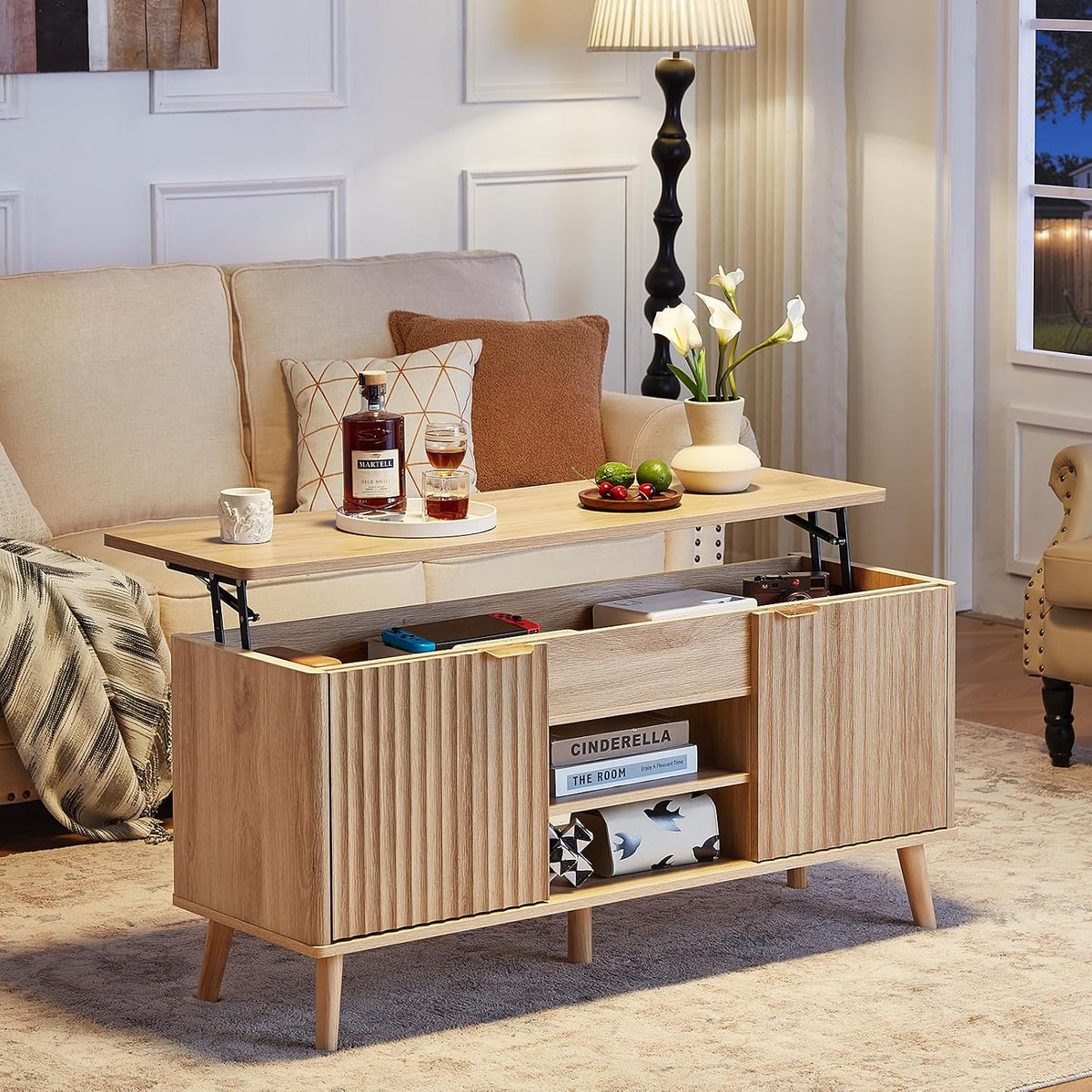 ✨ Fluted Lift-Top Coffee Table with Hidden Storage | 48" Modern Wood Center Table for Living Room 🏡🌿