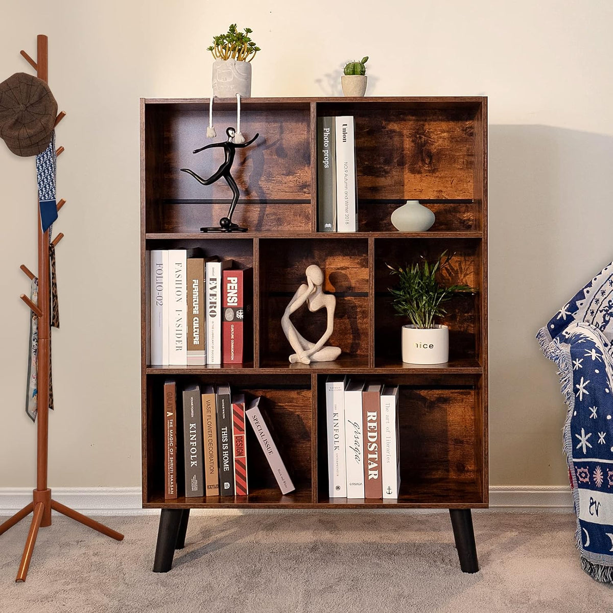 📚 Mid-Century 7-Cube Bookshelf | Rustic Brown Open Storage & Display Bookcase with Legs 🌿🏡
