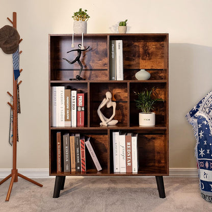 📚 Mid-Century 7-Cube Bookshelf | Rustic Brown Open Storage & Display Bookcase with Legs 🌿🏡