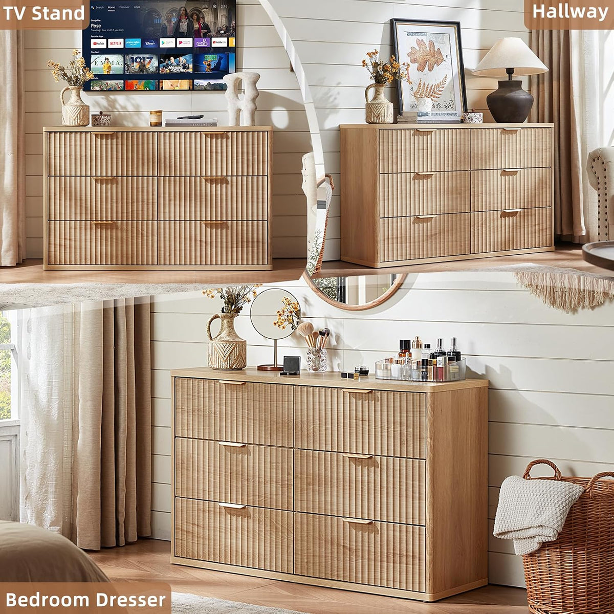✨ 48" Fluted 6-Drawer Dresser | Modern Wood Storage Cabinet with Curved Details for Bedroom & Living Room 🏡🌿