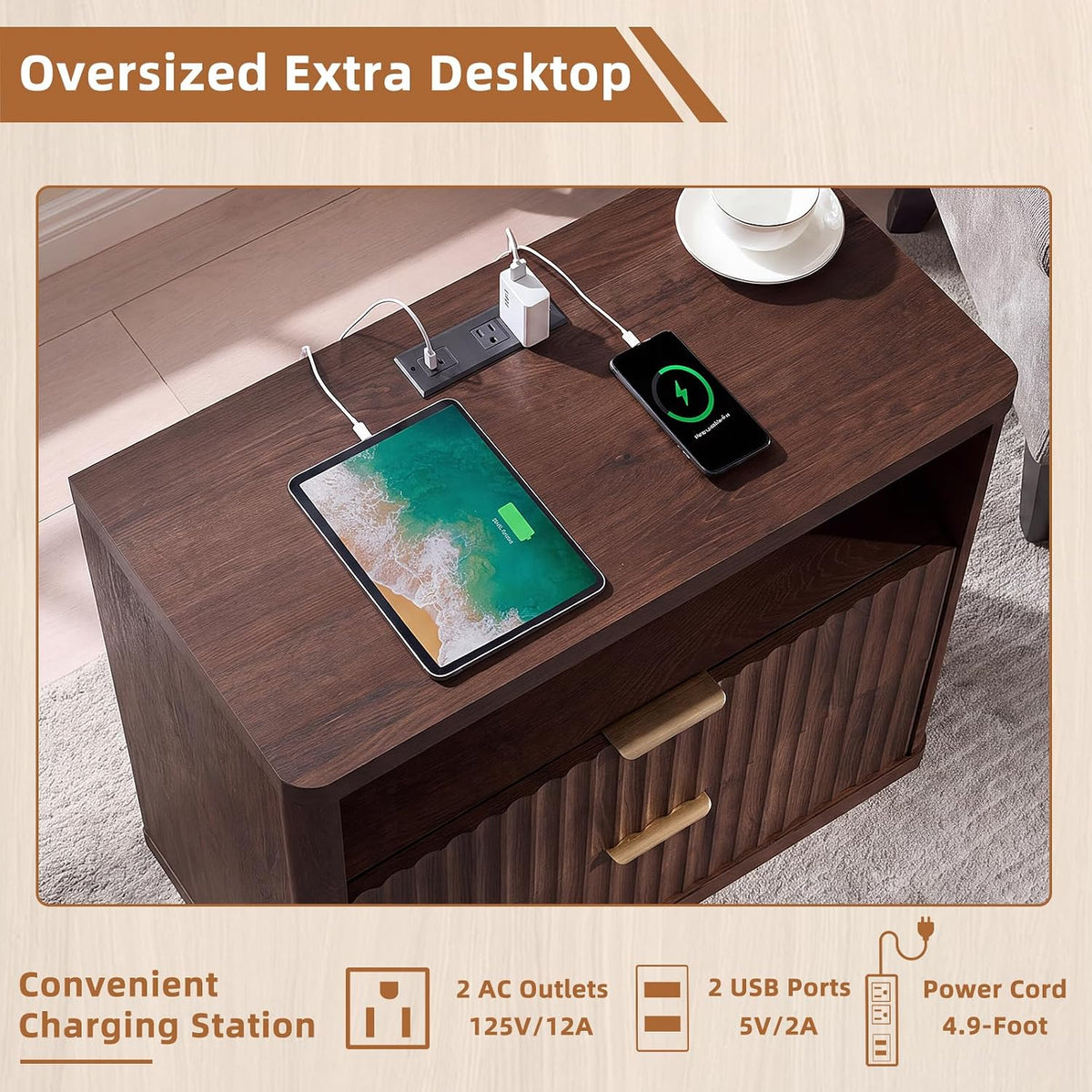 ✨ Oversized Fluted Nightstand with Charging Station | 2-Drawer Bedside Table with USB & Power Outlets 🛏️🌿