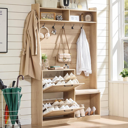 🌿 Boho Entryway Hall Tree with Cushioned Bench | 4-in-1 Coat Rack, Shoe Storage & Rattan Cabinets 🏡✨