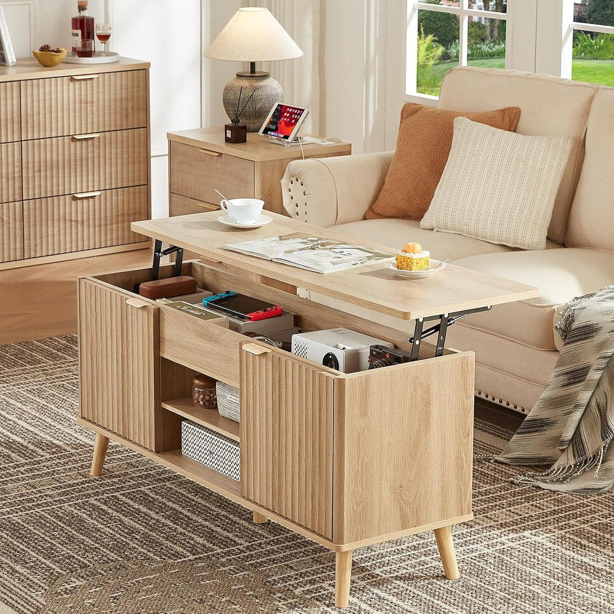✨ Fluted Lift-Top Coffee Table with Hidden Storage | 48" Modern Wood Center Table for Living Room 🏡🌿