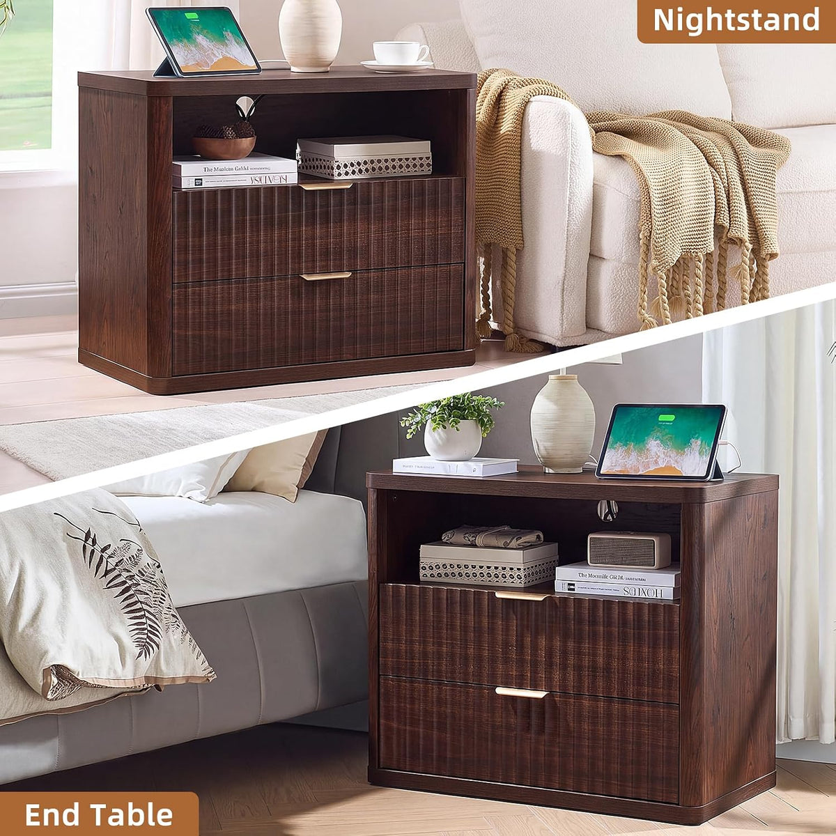 ✨ Oversized Fluted Nightstand with Charging Station | 2-Drawer Bedside Table with USB & Power Outlets 🛏️🌿