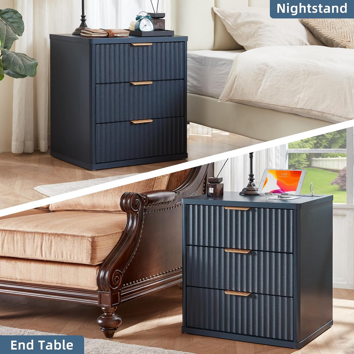 ✨ Fluted 2-Drawer Nightstand with Charging Station | Modern Bedside Table with Open Storage Shelf 🛏️🌿
