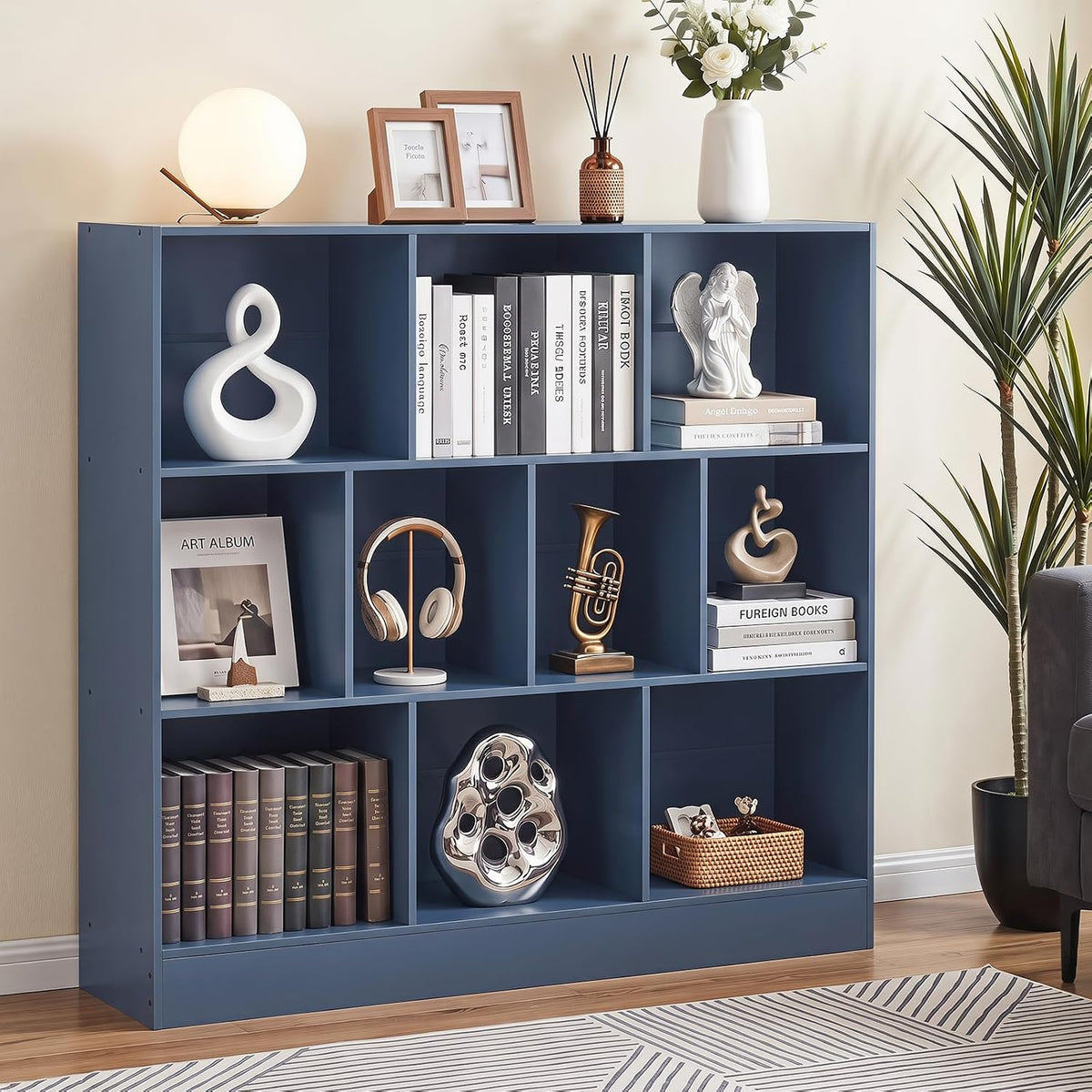 📚 Mid-Century 7-Cube Bookshelf | Rustic Open Storage Bookcase with Angled Legs for Books & Decor 🌿🏡