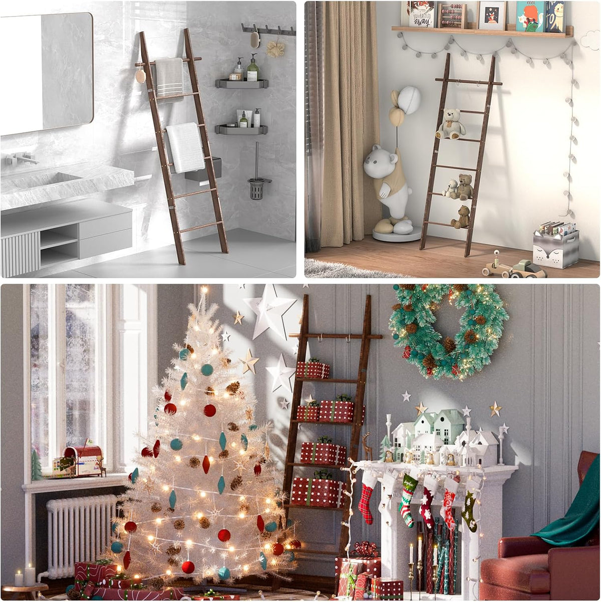 🪵 Rustic 6-Tier Wooden Blanket Ladder with 5 Removable Hooks | Farmhouse Towel, Quilt & Throw Display Rack 🌿🏡