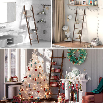 🪵 Rustic 6-Tier Wooden Blanket Ladder with 5 Removable Hooks | Farmhouse Towel, Quilt & Throw Display Rack 🌿🏡