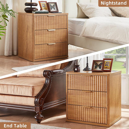 ✨ Fluted 2-Drawer Nightstand with Charging Station | Modern Bedside Table with Open Storage Shelf 🛏️🌿
