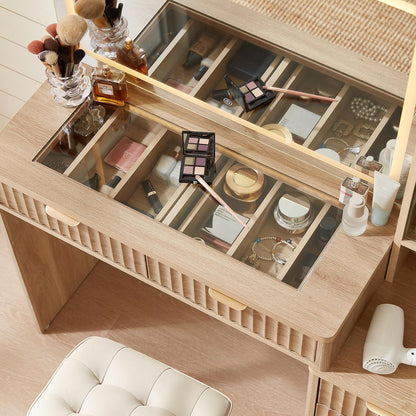✨ Fluted Makeup Vanity Set with Lighted Mirror & Nightstand | 6-Drawer Dressing Table with Charging Station 🌿💄