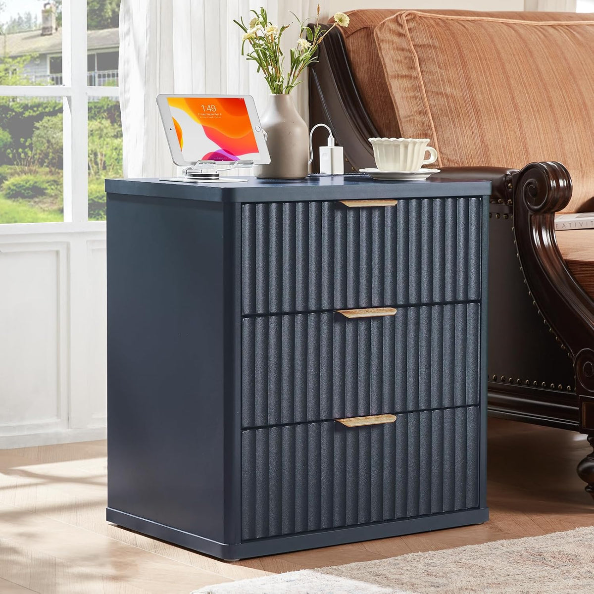 ✨ Fluted 2-Drawer Nightstand with Charging Station | Modern Bedside Table with Open Storage Shelf 🛏️🌿