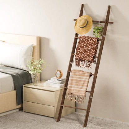 🪵 Rustic 6-Tier Wooden Blanket Ladder with 5 Removable Hooks | Farmhouse Towel, Quilt & Throw Display Rack 🌿🏡