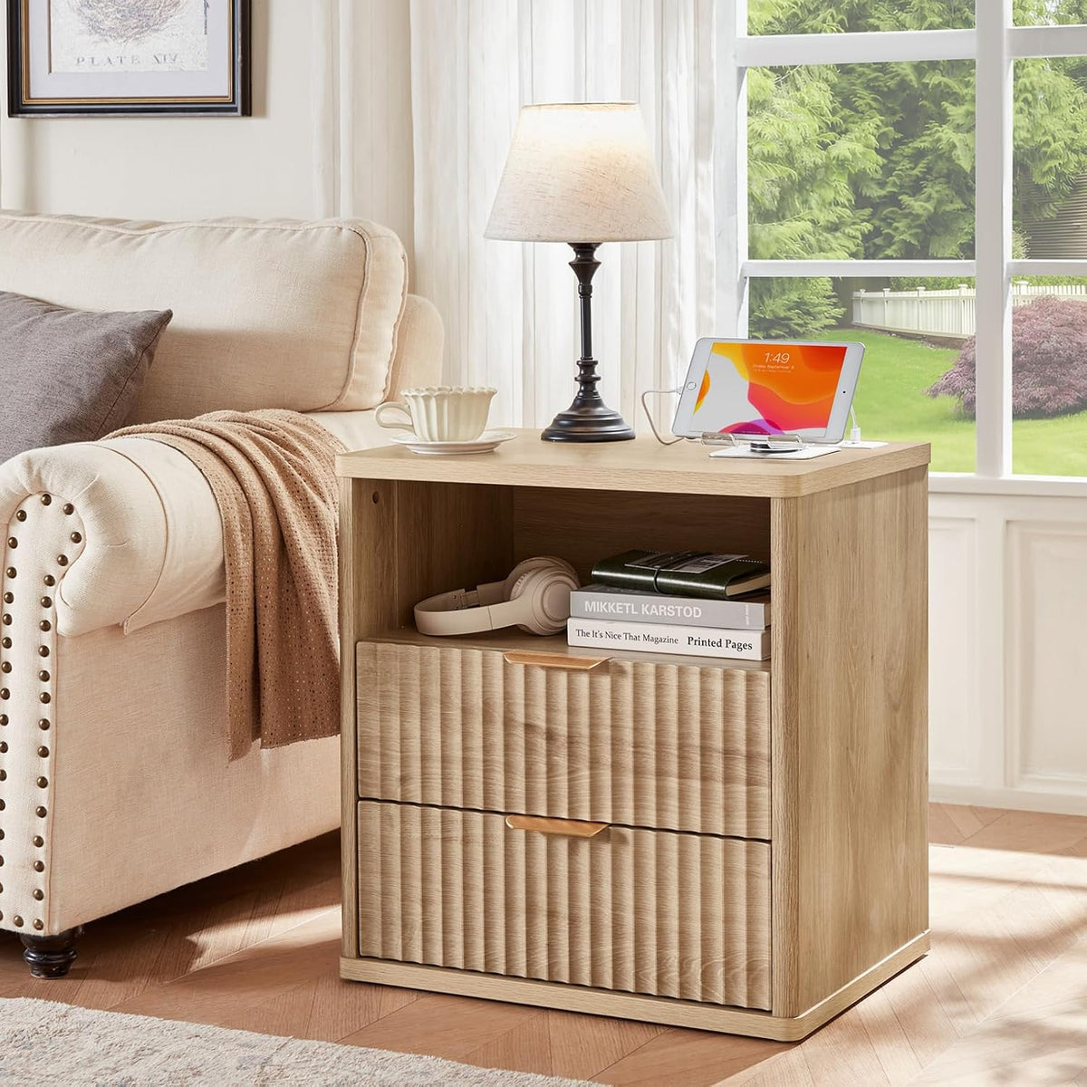 ✨ Fluted Makeup Vanity Set with Lighted Mirror & Nightstand | 6-Drawer Dressing Table with Charging Station 🌿💄