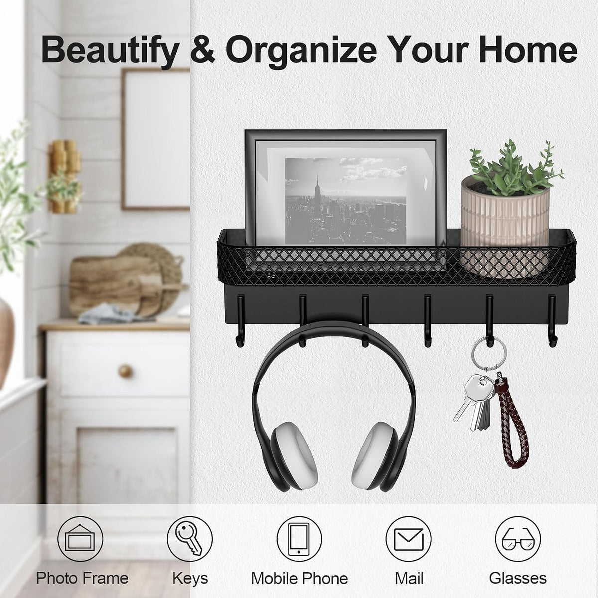 ✨ Modern Wall-Mounted Key Holder with 6 Hooks | Entryway Organizer for Keys, Bags & Everyday Essentials 🏡